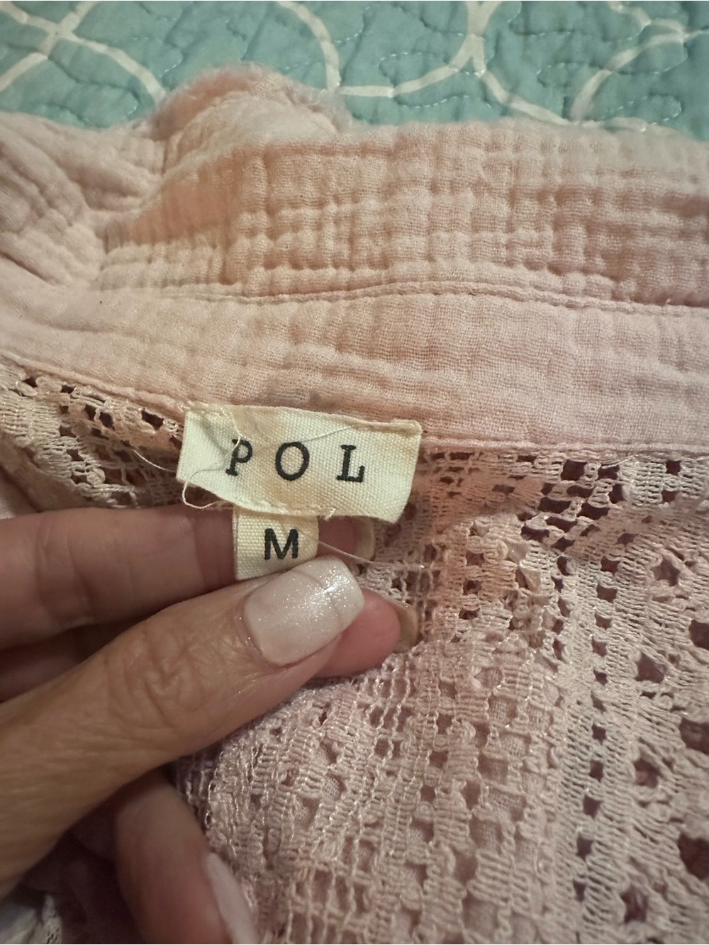 POL Light Pink Boho Lace Patchwork Button-Up Blouse - Picture 4 of 4